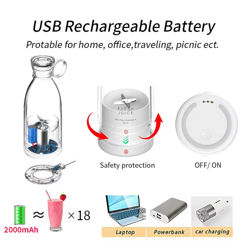 Fresh Juice On-the-Go: 350ml Portable Blender Bottle – Rechargeable & Wireless for Juice Anywhere