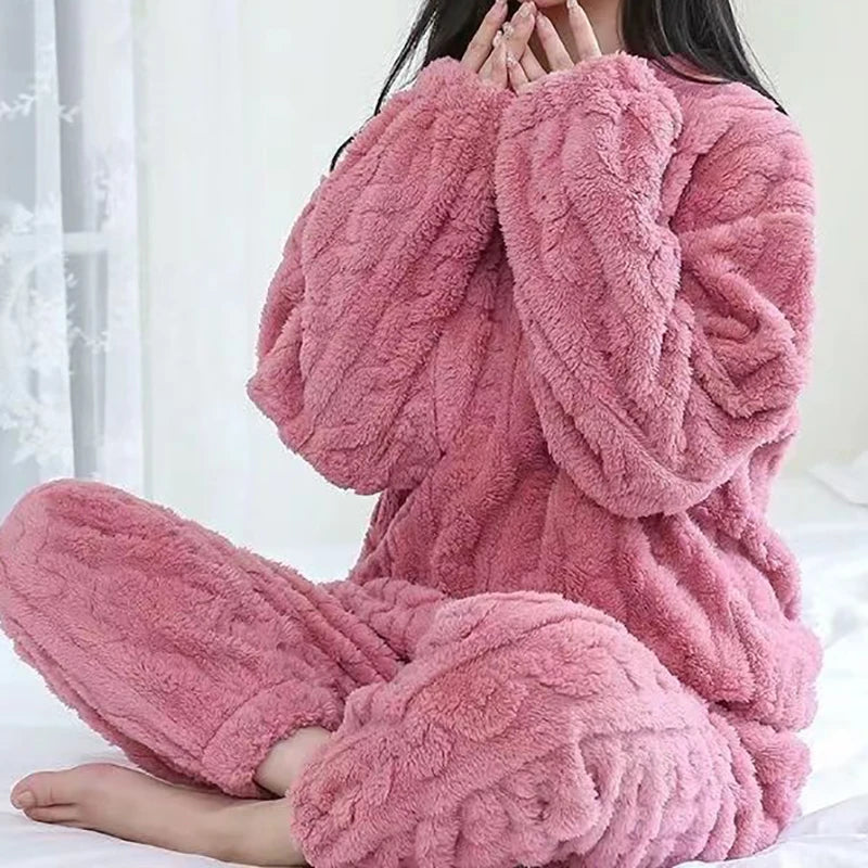 Women's Ultra-Soft Fleece Loungewear Set - 2-Piece Thick Velvet Ribbed Comfort Wear - Cozy Warm Casual Outfit