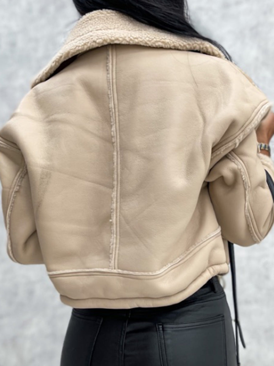Women's Winter PU Patchwork Plush Jacket – Warm, Stylish Short Coat with Zipper & Pockets