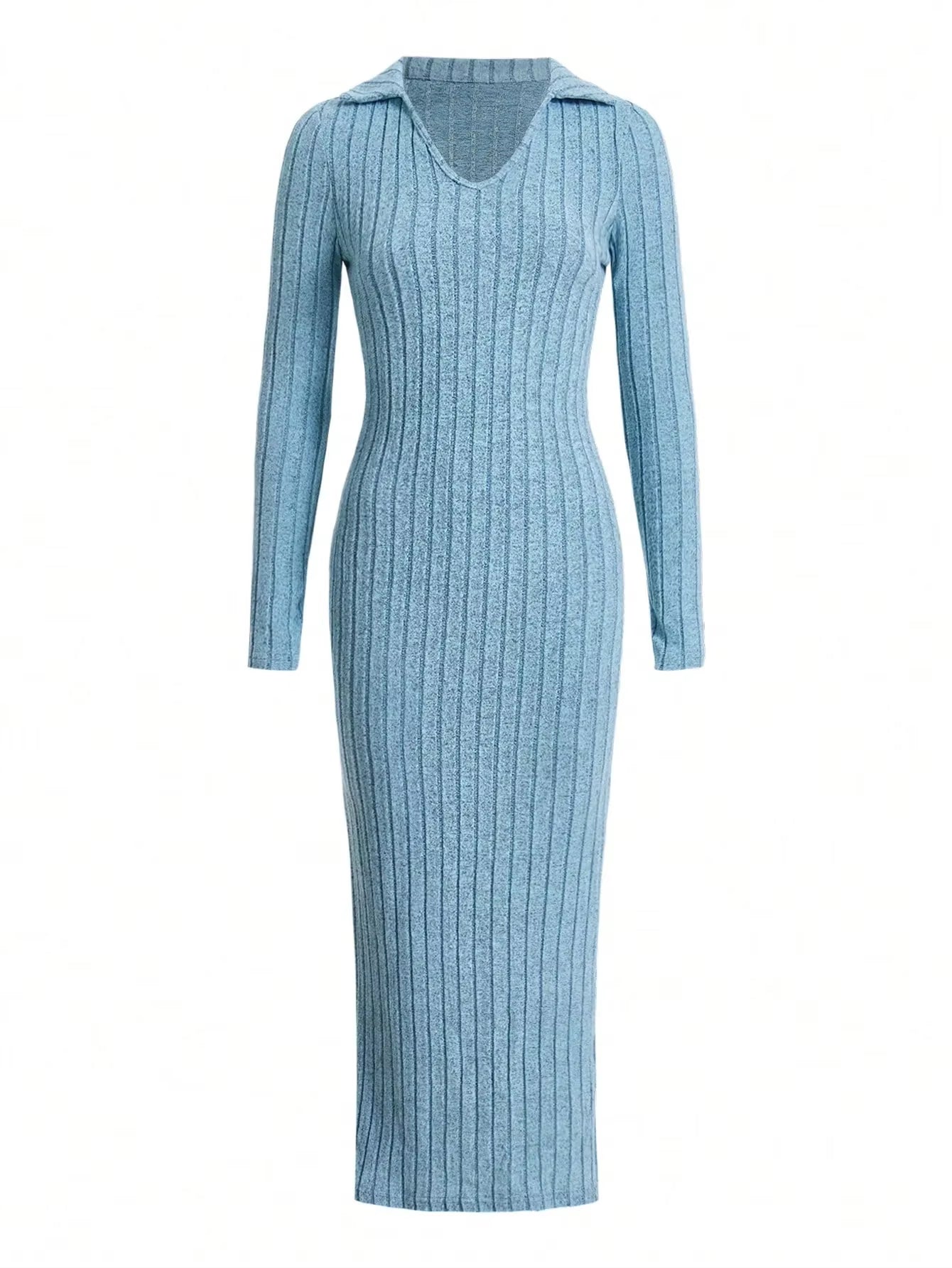 Sexy Knit V-Neck Split Dress – Long Sleeve, Body-Hugging Fit