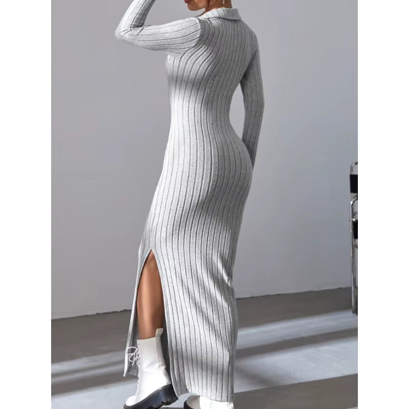 Sexy Knit V-Neck Split Dress – Long Sleeve, Body-Hugging Fit
