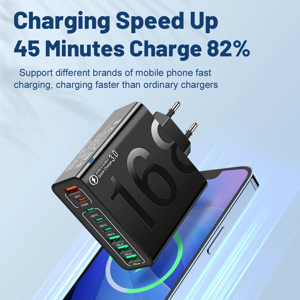 150W 8-Port USB Fast Charger — Multi-Port Fast Charger for iPhone, Samsung, Universal Compatibility Portable USB Fast Charger Adapter for Home, Office, Travel
