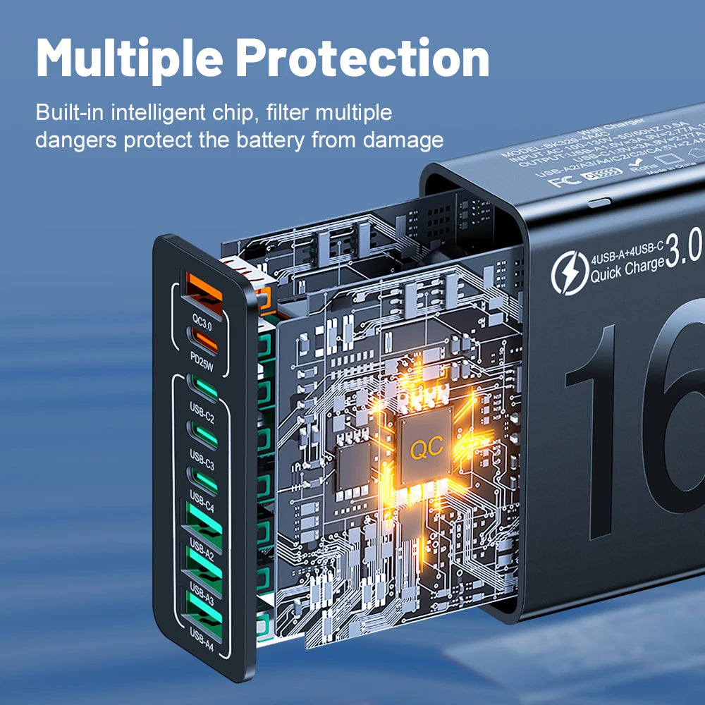 150W 8-Port USB Fast Charger — Multi-Port Fast Charger for iPhone, Samsung, Universal Compatibility Portable USB Fast Charger Adapter for Home, Office, Travel