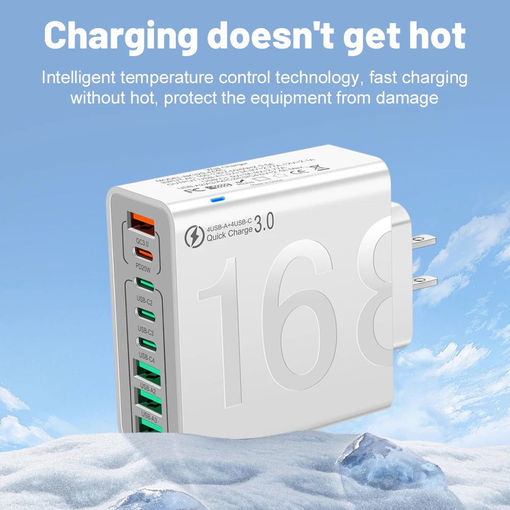 150W 8-Port USB Fast Charger — Multi-Port Fast Charger for iPhone, Samsung, Universal Compatibility Portable USB Fast Charger Adapter for Home, Office, Travel