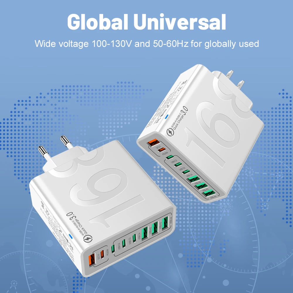 150W 8-Port USB Fast Charger — Multi-Port Fast Charger for iPhone, Samsung, Universal Compatibility Portable USB Fast Charger Adapter for Home, Office, Travel