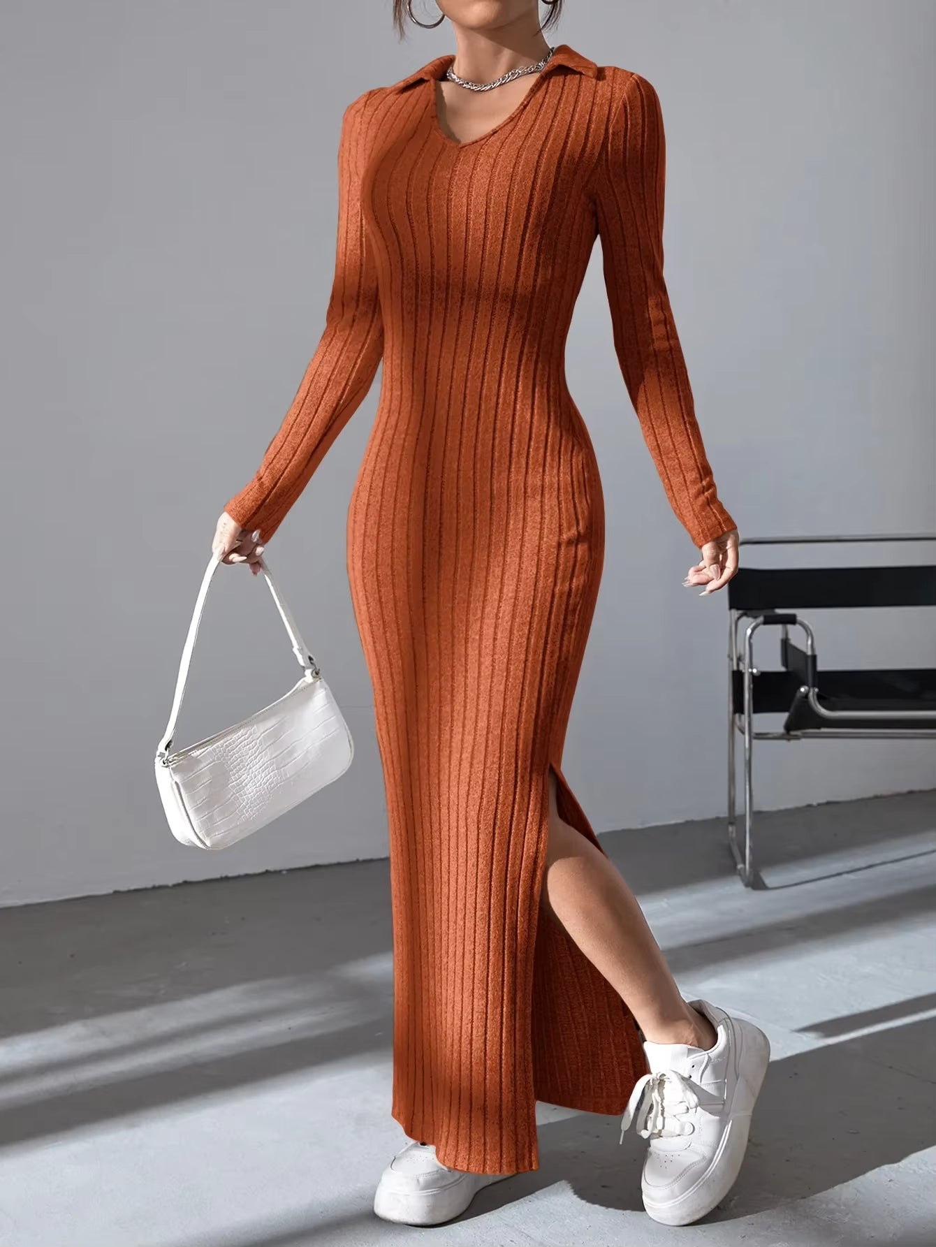 Sexy Knit V-Neck Split Dress – Long Sleeve, Body-Hugging Fit