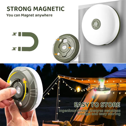 Christmas LED String Lights & Camping Lantern – Rechargeable Outdoor Tent Light with Hook, 10M Waterproof XTE Flashlight for Holiday Decor & Travel Gear