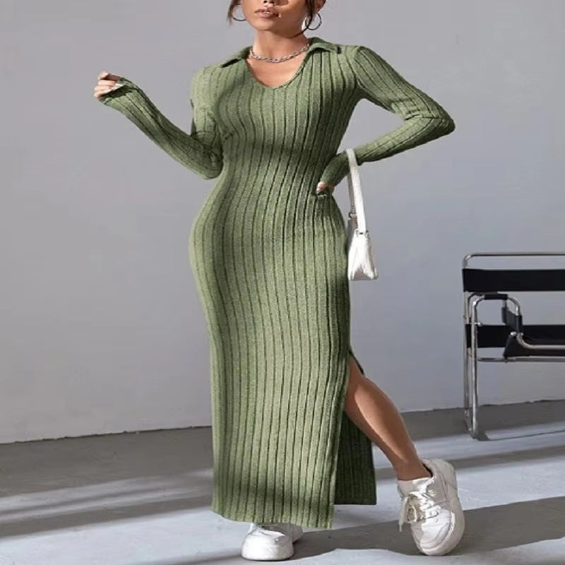 Sexy Knit V-Neck Split Dress – Long Sleeve, Body-Hugging Fit