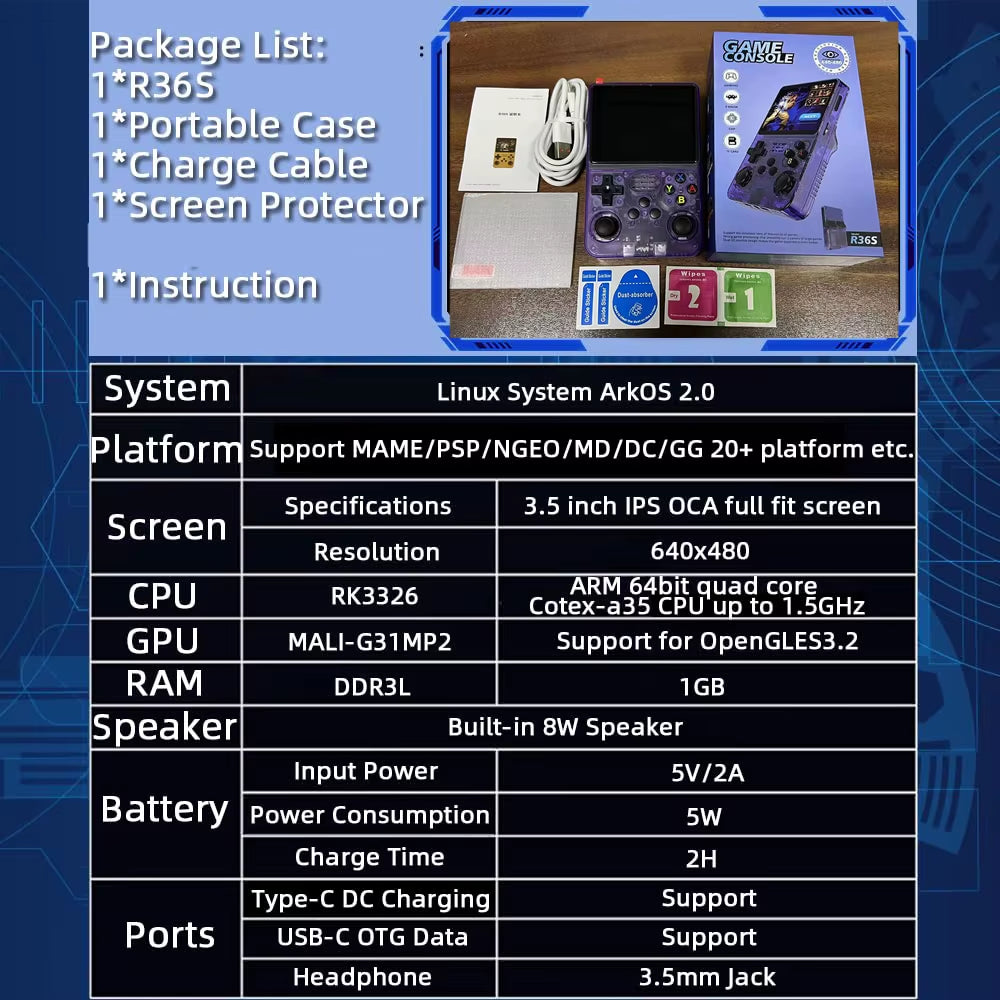 R36S Retro Handheld Game Console – 20,000 Classic Games, 3.5" Screen, ArkOS 2.0, 64GB/128GB