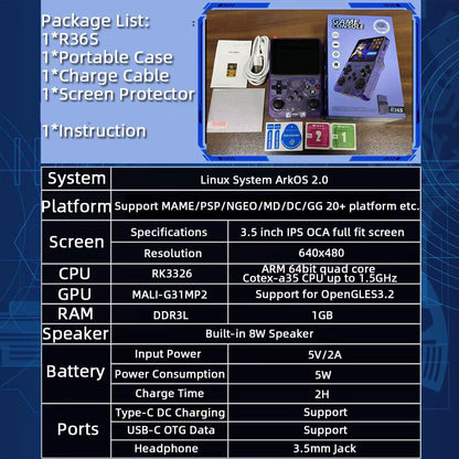 R36S Retro Handheld Game Console – 20,000 Classic Games, 3.5" Screen, ArkOS 2.0, 64GB/128GB