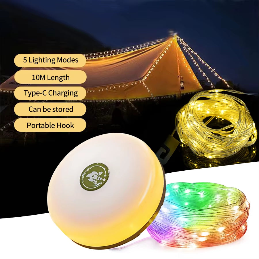 Christmas LED String Lights & Camping Lantern – Rechargeable Outdoor Tent Light with Hook, 10M Waterproof XTE Flashlight for Holiday Decor & Travel Gear