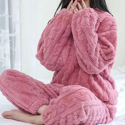 Women's Ultra-Soft Fleece Loungewear Set - 2-Piece Thick Velvet Ribbed Comfort Wear - Cozy Warm Casual Outfit