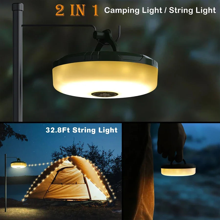 2 in 1 Christmas LED String Lights & Camping Lantern – Rechargeable Outdoor Tent Light with Hook, 10M Waterproof XTE Flashlight for Holiday Decor & Travel Gear