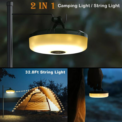 2 in 1 Christmas LED String Lights & Camping Lantern – Rechargeable Outdoor Tent Light with Hook, 10M Waterproof XTE Flashlight for Holiday Decor & Travel Gear