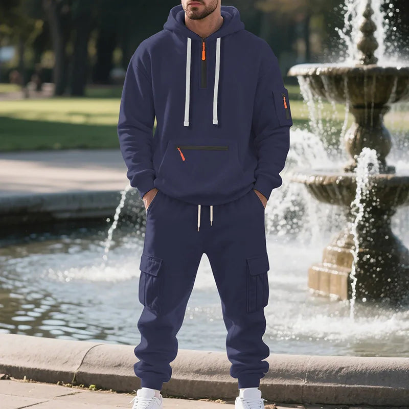 Men's Fleece Sportswear Set – Autumn/Winter Casual Zip-Up Hoodie & Multi-Pocket Jogger Pants