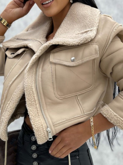 Women's Winter PU Patchwork Plush Jacket – Warm, Stylish Short Coat with Zipper & Pockets