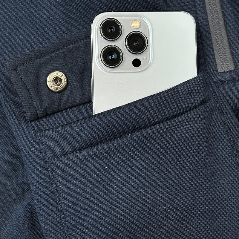 Men's Fleece Sportswear Set – Autumn/Winter Casual Zip-Up Hoodie & Multi-Pocket Jogger Pants