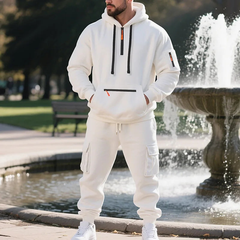 Men's Fleece Sportswear Set – Autumn/Winter Casual Zip-Up Hoodie & Multi-Pocket Jogger Pants