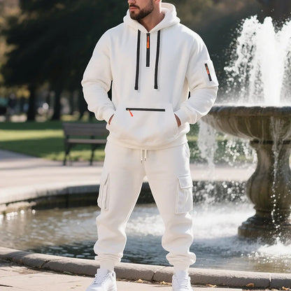 Men's Fleece Sportswear Set – Autumn/Winter Casual Zip-Up Hoodie & Multi-Pocket Jogger Pants