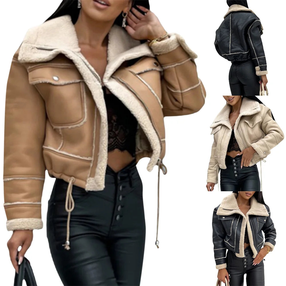 Women's Winter PU Patchwork Plush Jacket – Warm, Stylish Short Coat with Zipper & Pockets