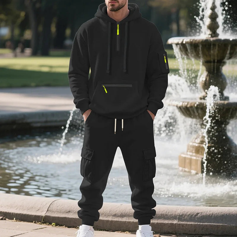 Men's Fleece Sportswear Set – Autumn/Winter Casual Zip-Up Hoodie & Multi-Pocket Jogger Pants