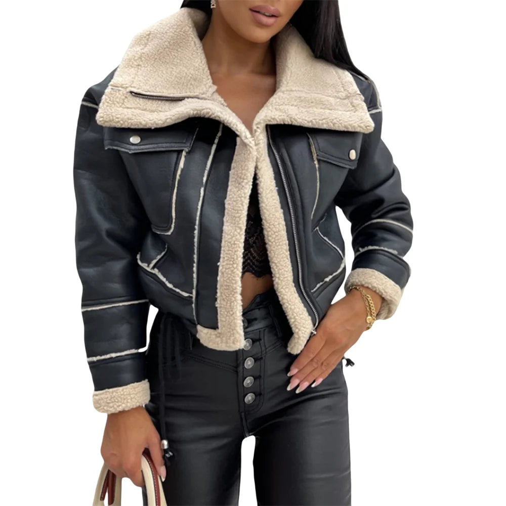 Women's Winter PU Patchwork Plush Jacket – Warm, Stylish Short Coat with Zipper & Pockets