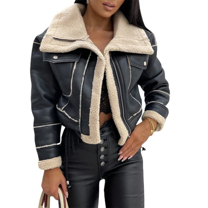 Women's Winter PU Patchwork Plush Jacket – Warm, Stylish Short Coat with Zipper & Pockets