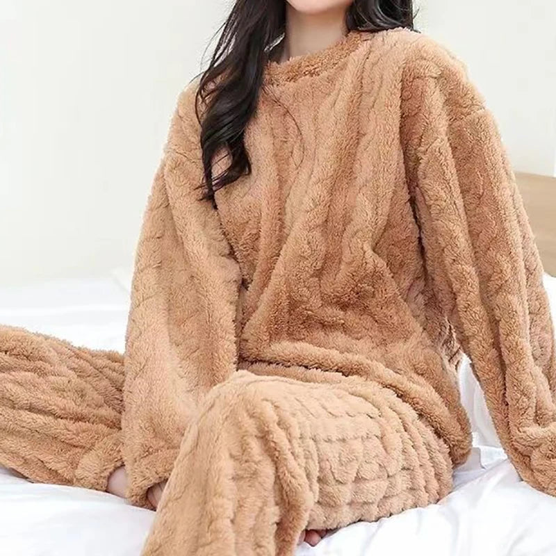 Women's Ultra-Soft Fleece Loungewear Set - 2-Piece Thick Velvet Ribbed Comfort Wear - Cozy Warm Casual Outfit