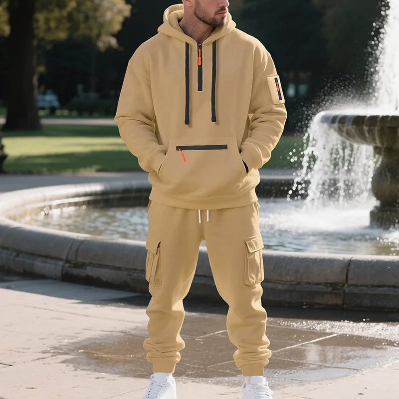 Men's Fleece Sportswear Set – Autumn/Winter Casual Zip-Up Hoodie & Multi-Pocket Jogger Pants
