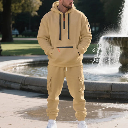 Men's Fleece Sportswear Set – Autumn/Winter Casual Zip-Up Hoodie & Multi-Pocket Jogger Pants