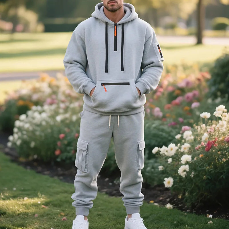 Men's Fleece Sportswear Set – Autumn/Winter Casual Zip-Up Hoodie & Multi-Pocket Jogger Pants