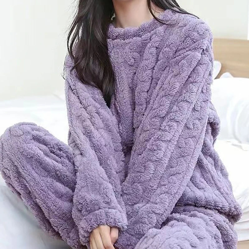 Women's Ultra-Soft Fleece Loungewear Set - 2-Piece Thick Velvet Ribbed Comfort Wear - Cozy Warm Casual Outfit