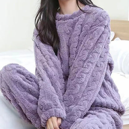 Women's Ultra-Soft Fleece Loungewear Set - 2-Piece Thick Velvet Ribbed Comfort Wear - Cozy Warm Casual Outfit