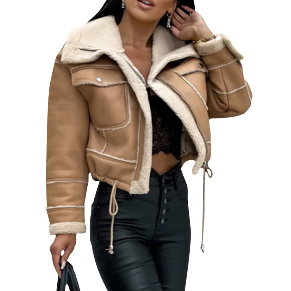 Women's Winter PU Patchwork Plush Jacket – Warm, Stylish Short Coat with Zipper & Pockets