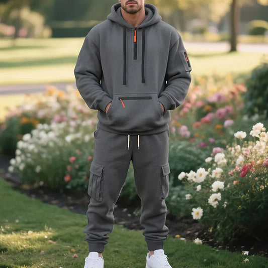 Men's Fleece Sportswear Set – Autumn/Winter Casual Zip-Up Hoodie & Multi-Pocket Jogger Pants