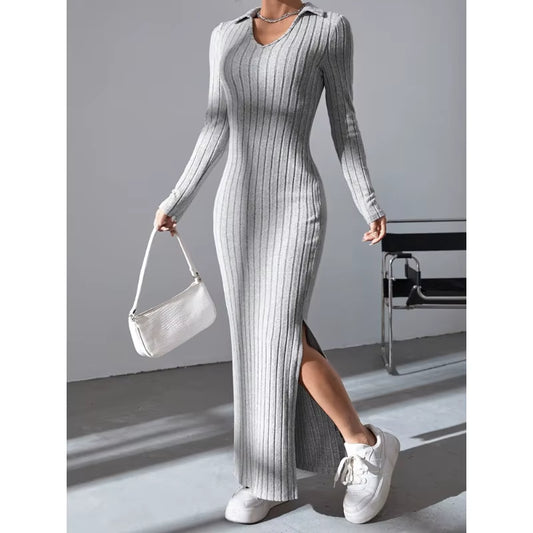 Sexy Knit V-Neck Split Dress – Long Sleeve, Body-Hugging Fit