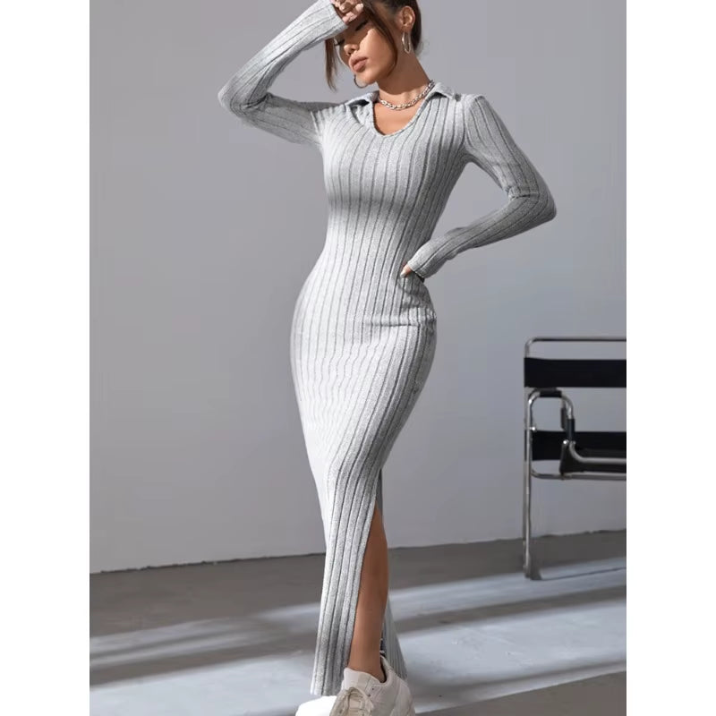 Sexy Knit V-Neck Split Dress – Long Sleeve, Body-Hugging Fit