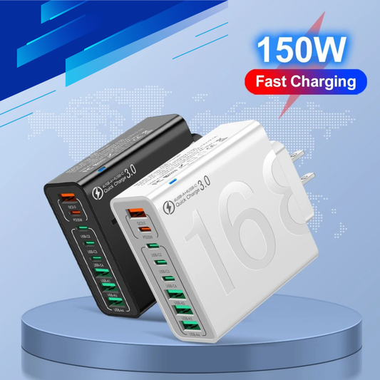 150W 8-Port USB Fast Charger — Multi-Port Fast Charger for iPhone, Samsung, Universal Compatibility Portable USB Fast Charger Adapter for Home, Office, Travel