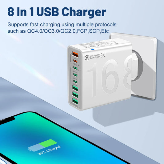 150W 8-Port USB Fast Charger — Multi-Port Fast Charger for iPhone, Samsung, Universal Compatibility Portable USB Fast Charger Adapter for Home, Office, Travel